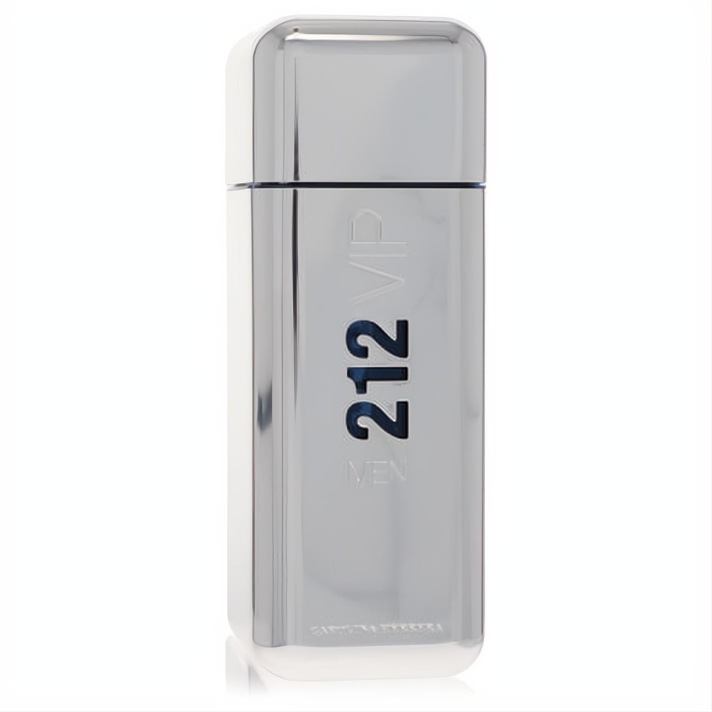 Sleek, reflective silver Carolina Herrera 212 VIP MEN Eau De Toilette spray bottle with bold "212 VIP" lettering.