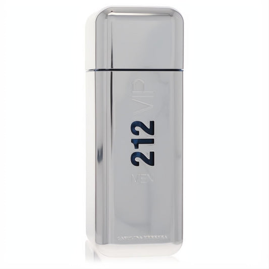 Sleek, reflective silver Carolina Herrera 212 VIP MEN Eau De Toilette spray bottle with bold "212 VIP" lettering.