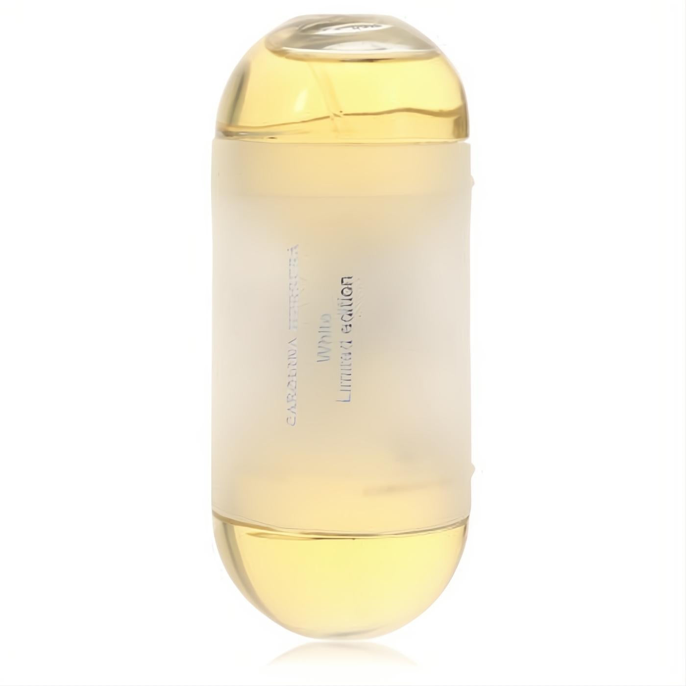 Iconic 212 White Carolina Herrera 2 oz EDT spray. Sleek frosted glass capsule bottle with golden liquid, a chic fragrance for women.