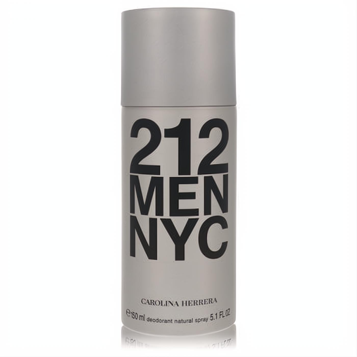 Sleek silver metallic Carolina Herrera 212 Men NYC deodorant spray, 5.1 fl oz, for a refreshing men's fragrance.