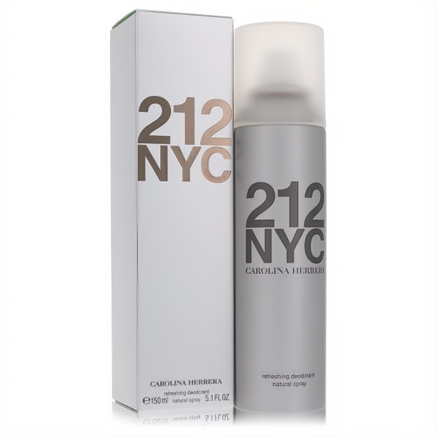 Iconic 212 NYC Carolina Herrera 5.1 oz deodorant spray in a sleek silver bottle with frosted cap and matching white box.