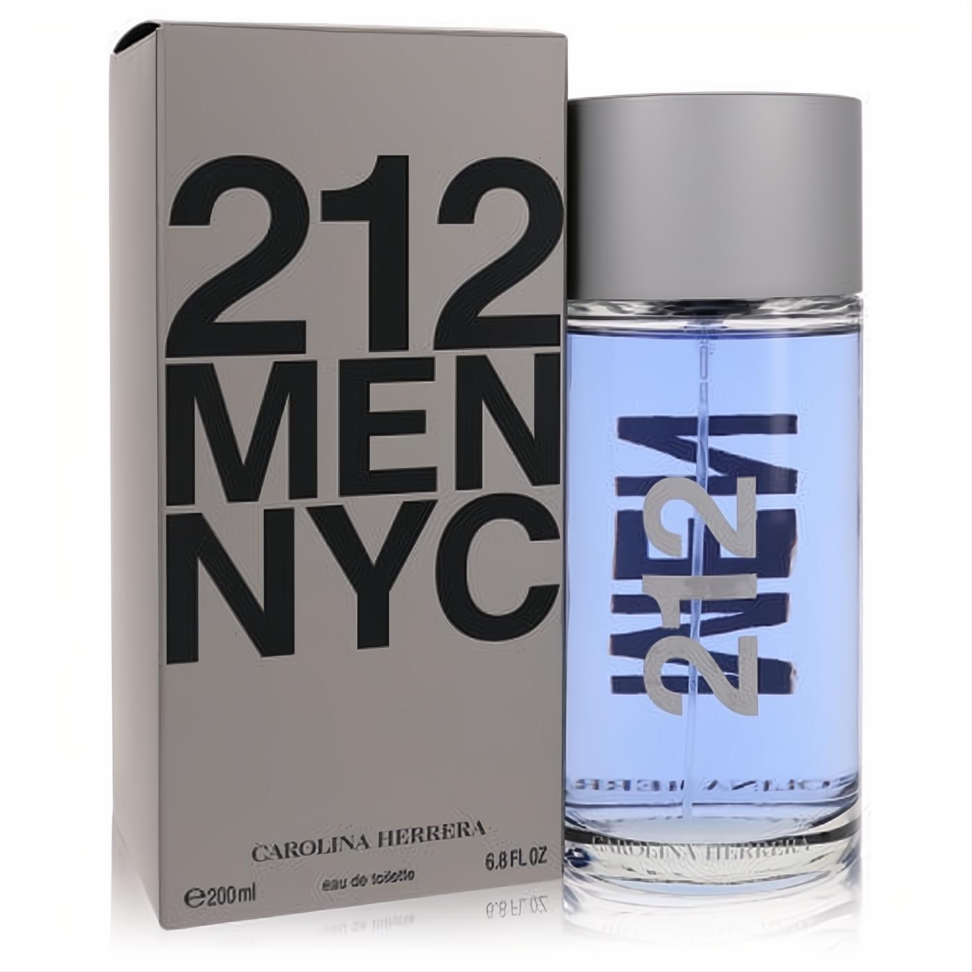 Carolina Herrera 212 Men NYC 6.8 oz EDT spray. Sleek bottle with light blue fragrance, silver cap, and modern grey box.