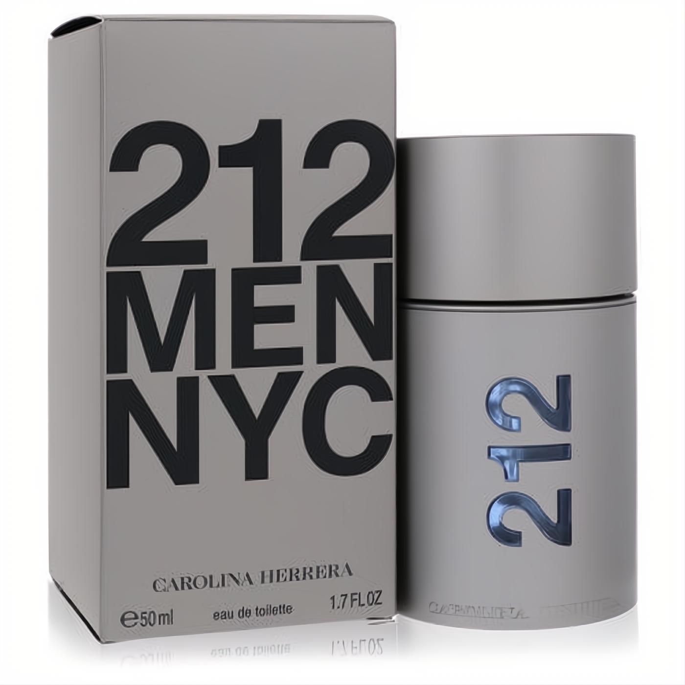Carolina Herrera 212 Men NYC 1.7 oz Eau de Toilette spray, featuring sleek new gray packaging and a modern cylindrical bottle.
