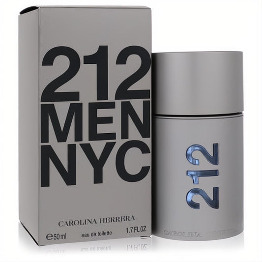 Carolina Herrera 212 Men NYC 1.7 oz Eau de Toilette spray, featuring sleek new gray packaging and a modern cylindrical bottle.
