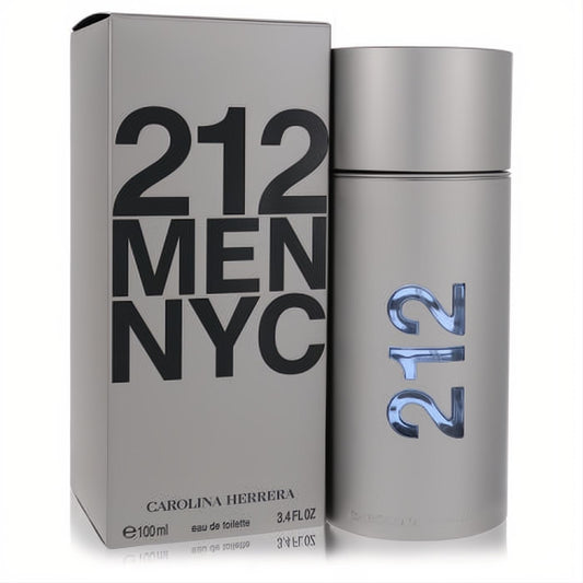 Carolina Herrera 212 Men NYC Eau De Toilette 3.4 oz. Sleek silver bottle and modern gray box with bold branding.