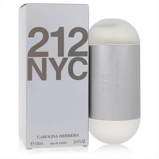 Carolina Herrera 212 NYC Eau de Toilette 3.4 oz spray. Sleek silver box and modern frosted cylindrical bottle.