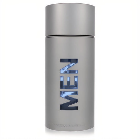 Modern Carolina Herrera 212 Men's EDT spray. Sleek silver cylindrical bottle with iconic blue "MEN" design.