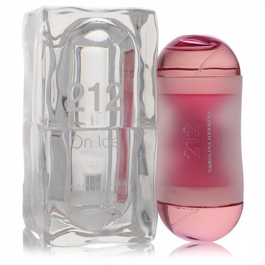 Cool Carolina Herrera 212 On Ice women's fragrance: clear ice cube bottle and frosted pink spray.