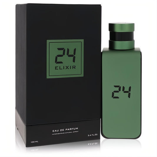 Sleek matte dark green 24 Elixir Neroli 3.4 oz unisex Eau De Parfum bottle with elegant black box.