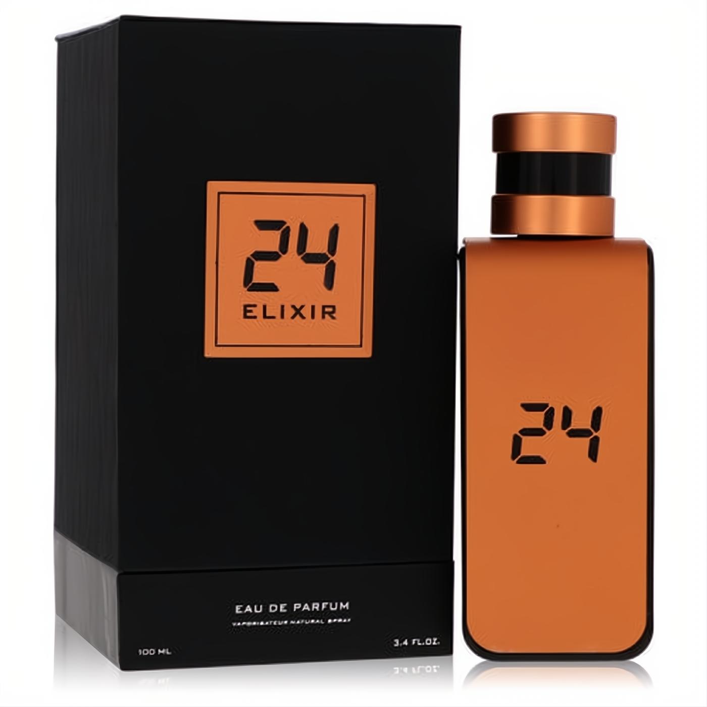 Luxurious 24 Elixir Rise of the Superb 3.4 oz Eau De Parfum. Features a sleek copper bottle with black accents and an elegant black box.