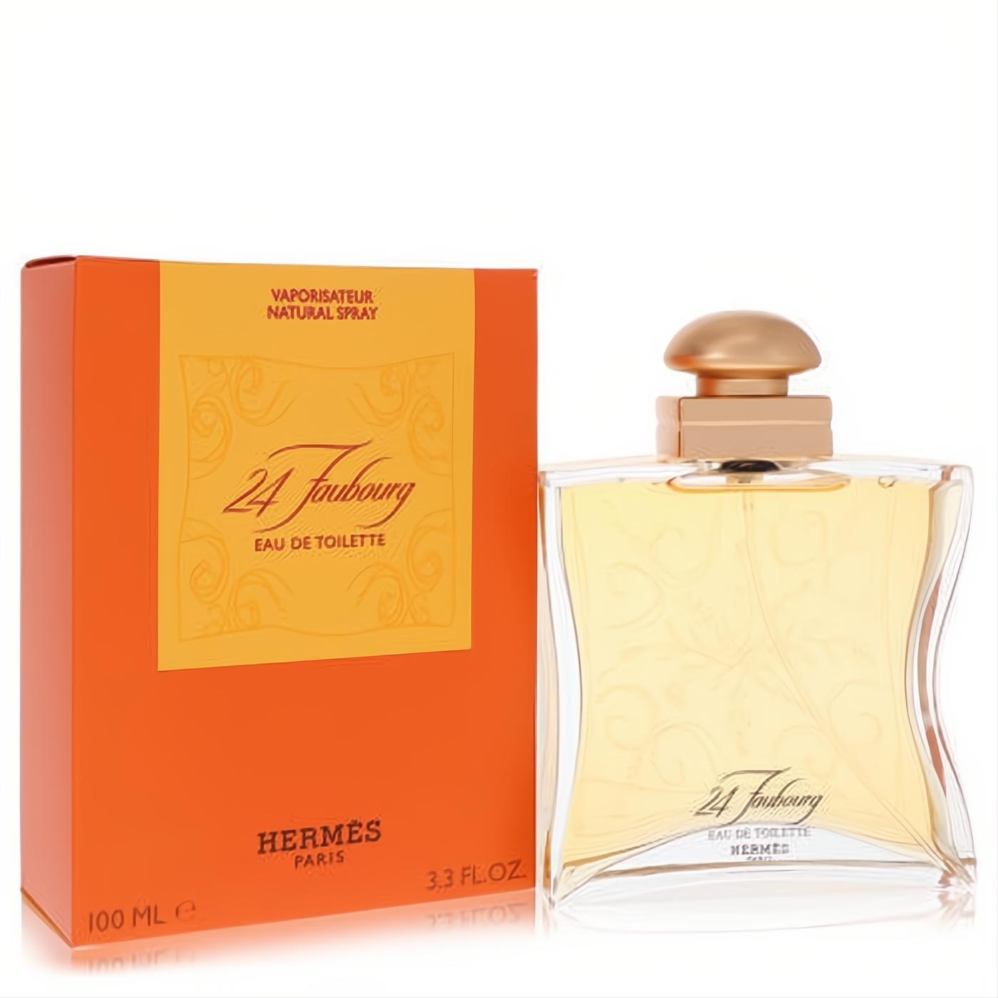 Luxurious Hermes 24 Faubourg Eau De Toilette 3.4 oz spray. Clear glass bottle with golden cap, beside its iconic orange box.