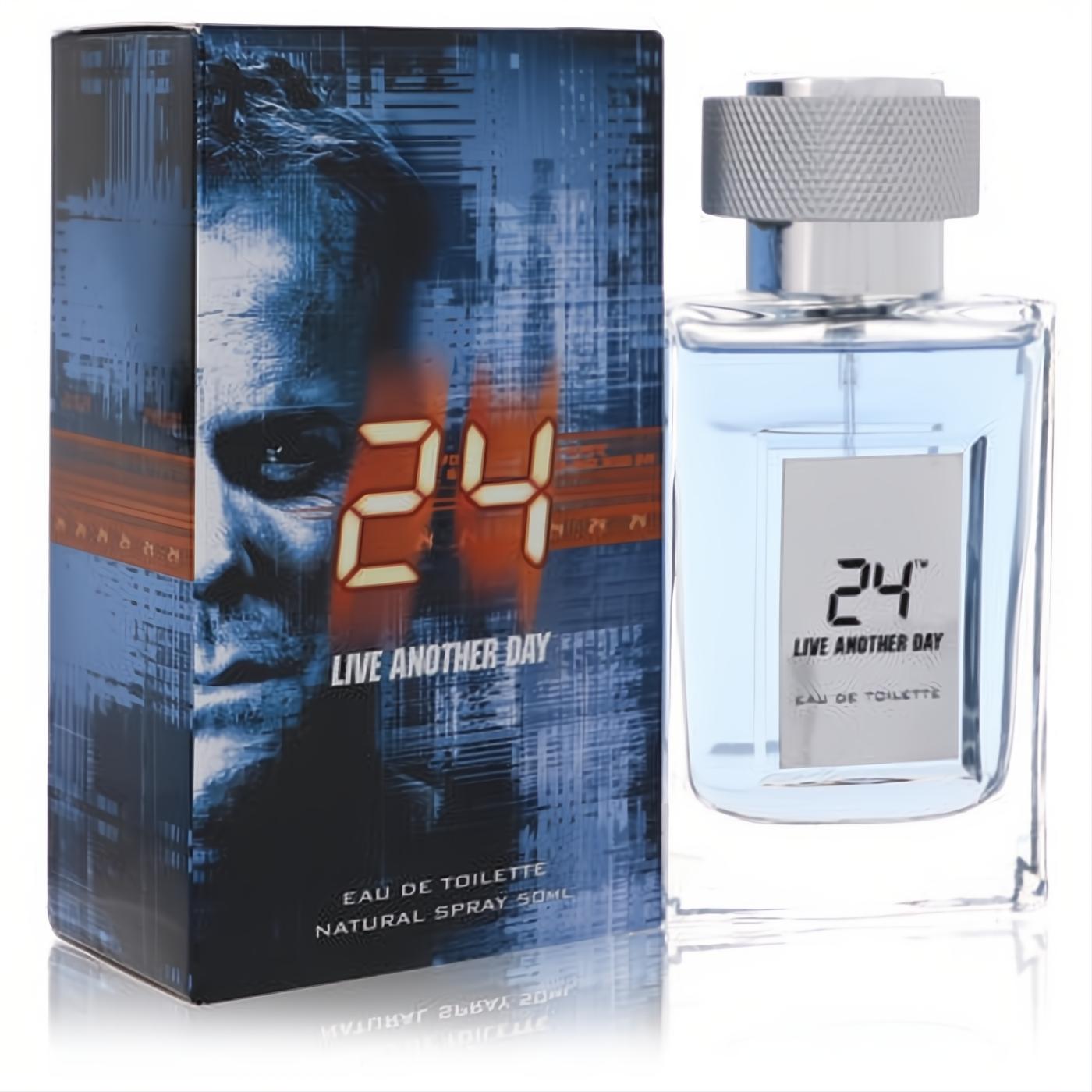 Bold ScentStory 24 Live Another Day men's EDT spray. Sleek clear bottle with blue fragrance, silver cap, and dynamic blue 24-themed box.