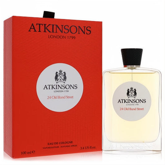 Atkinsons 24 Old Bond Street 3.4 oz Eau De Cologne spray. Clear bottle with black cap next to its vibrant red, textured box.