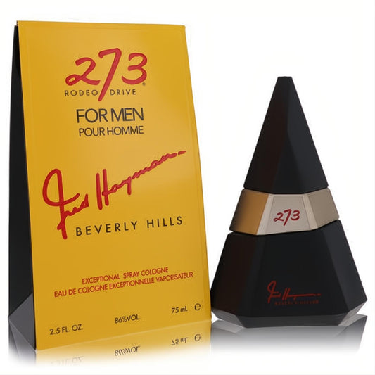 Fred Hayman 273 men's cologne, 2.5 oz, in a bold black pyramid bottle with gold band and yellow box.