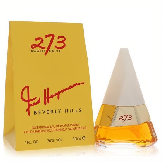 Fred Hayman 273 women's 1 oz EDP. Elegant golden fragrance bottle with a striking white pyramid cap and vibrant yellow box.