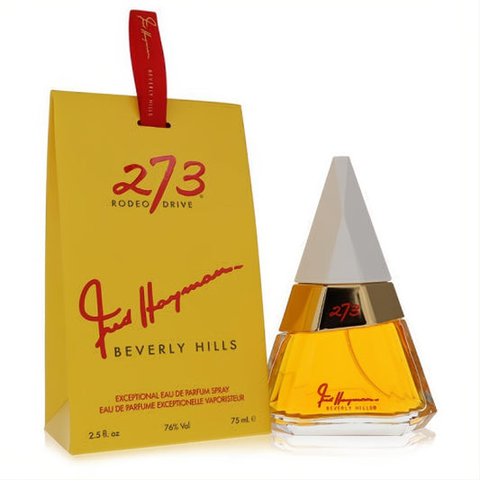 Fred Hayman 273 Eau De Parfum 2.5 oz spray. Distinctive pyramid glass bottle with golden accents, paired with a vibrant yellow box.