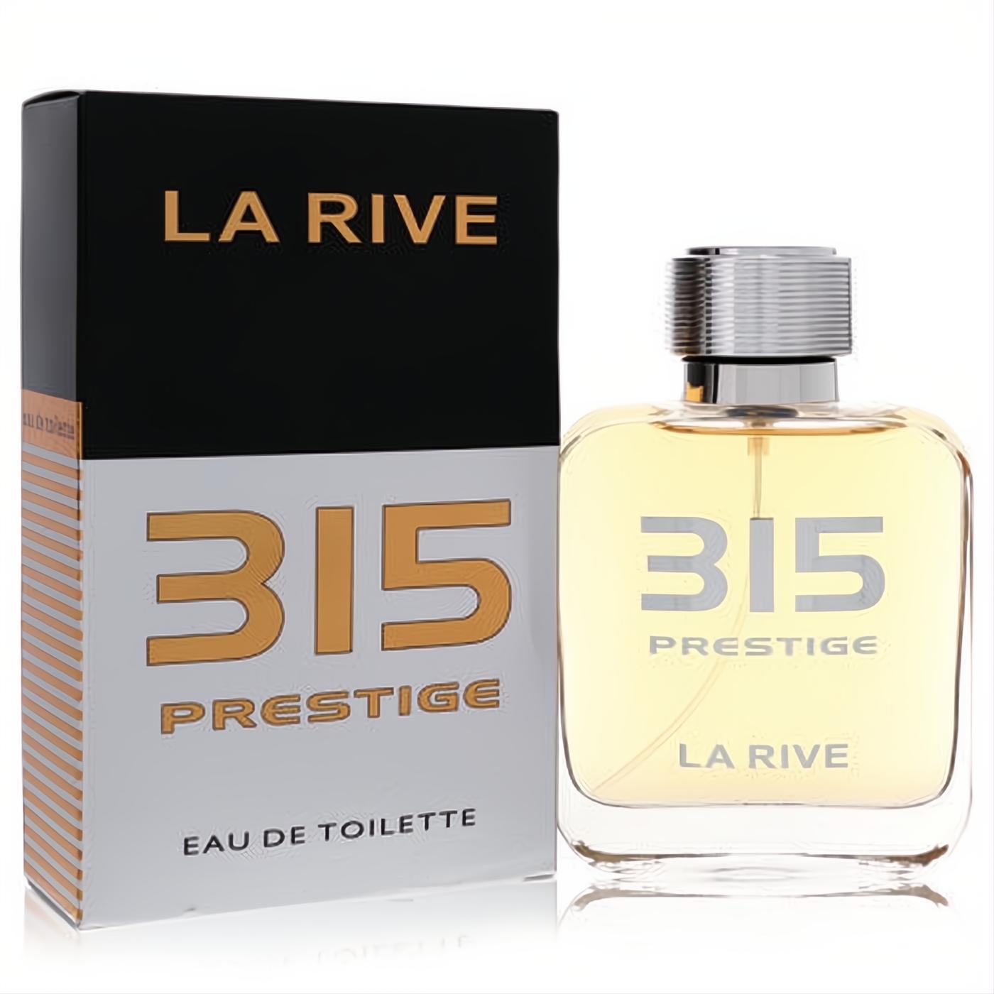 La Rive 315 Prestige EDT. Amber fragrance in a sleek clear glass bottle with silver cap, next to its bold black and white box.