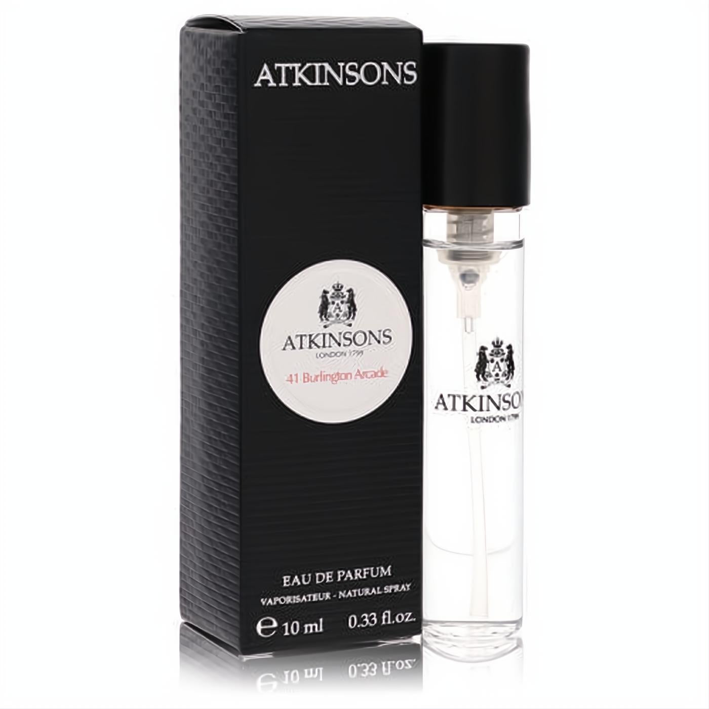 Atkinsons 41 Burlington Arcade unisex mini EDP spray, 10ml. Clear glass bottle with sleek black cap, next to its elegant black box featuring the iconic logo.