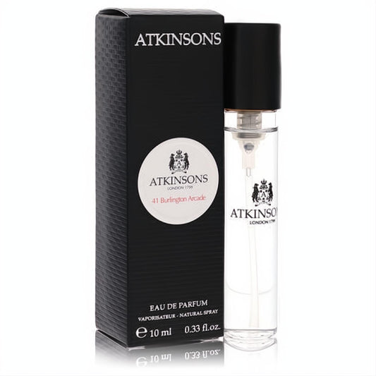 Atkinsons 41 Burlington Arcade unisex mini EDP spray, 10ml. Clear glass bottle with sleek black cap, next to its elegant black box featuring the iconic logo.
