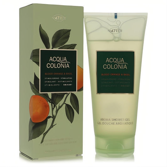 Vibrant 4711 Acqua Colonia Blood Orange & Basil 6.8 oz shower gel. Green box with citrus art and sleek translucent tube.