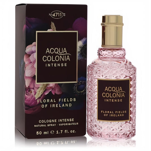 Captivating 4711 Acqua Colonia Floral Fields of Ireland 1.7 oz unisex cologne. Pink textured bottle, gold cap, and elegant dark floral box.