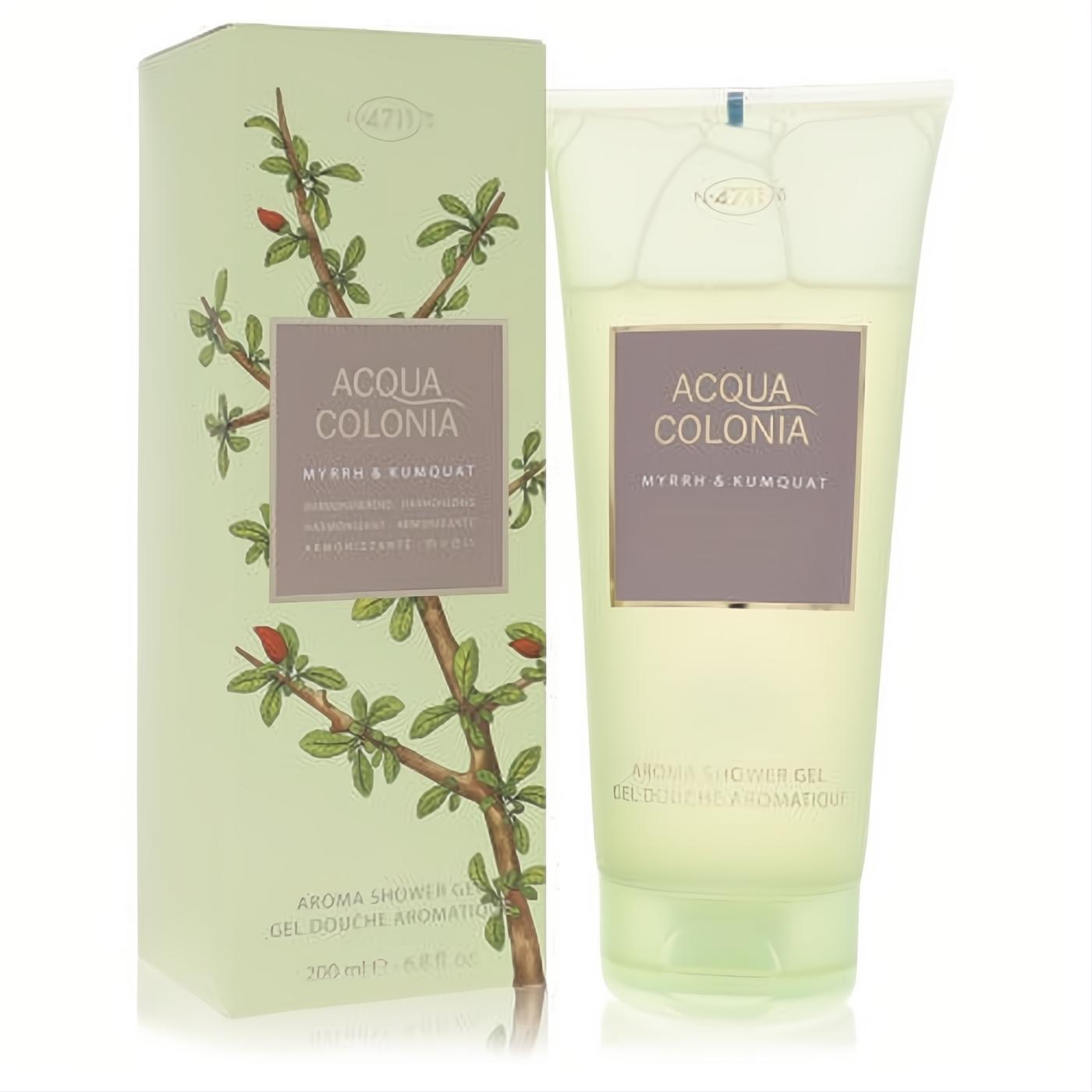 4711 Acqua Colonia Myrrh & Kumquat Shower Gel 6.8 oz. Light green box and translucent tube with elegant botanical design.