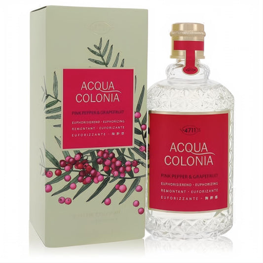 Elegant 4711 Acqua Colonia Pink Pepper & Grapefruit cologne. Clear faceted bottle, gold cap, vibrant red label, and botanical box.