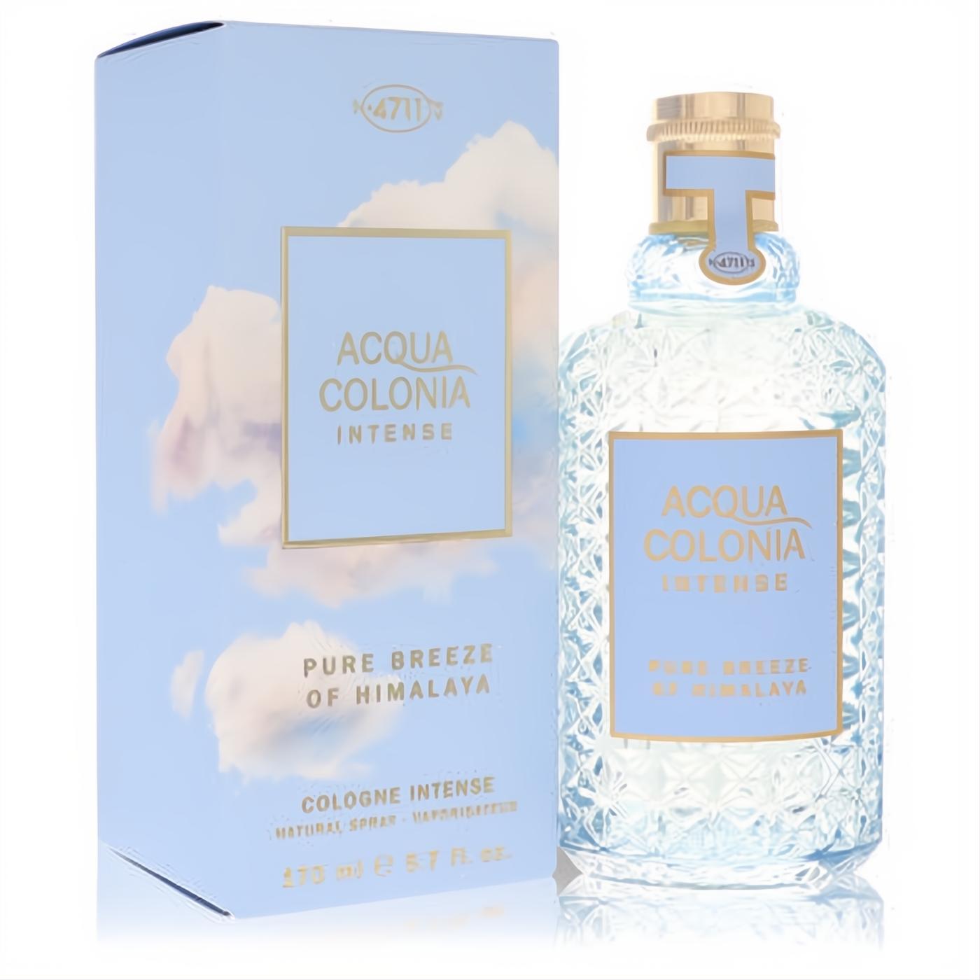 Discover 4711 Acqua Colonia Pure Breeze of Himalaya Intense 5.7 oz unisex cologne. Clear textured bottle, gold cap, and serene sky-blue box with clouds.