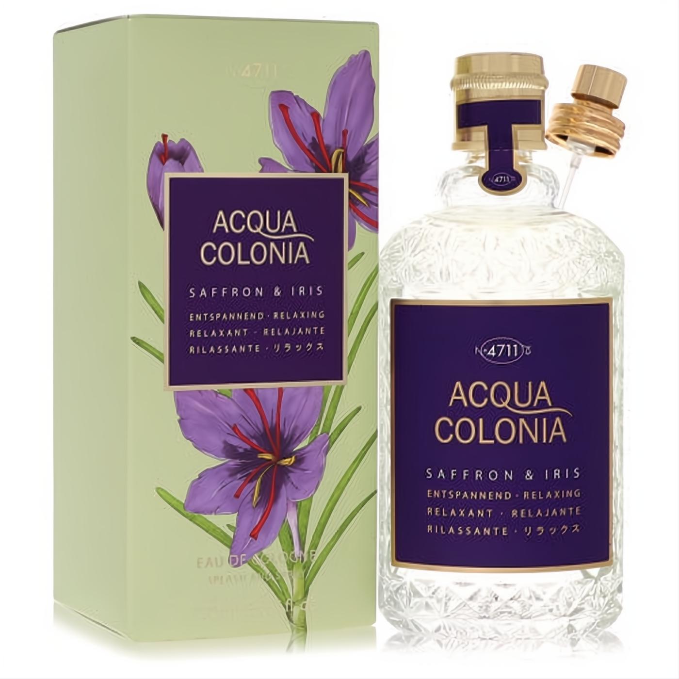 4711 Acqua Colonia Saffron & Iris 5.7 oz cologne spray. Clear textured bottle, gold cap, purple label, and sage green box with vibrant floral art.