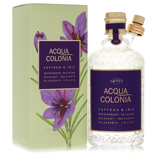 4711 Acqua Colonia Saffron & Iris 5.7 oz cologne spray. Clear textured bottle, gold cap, purple label, and sage green box with vibrant floral art.