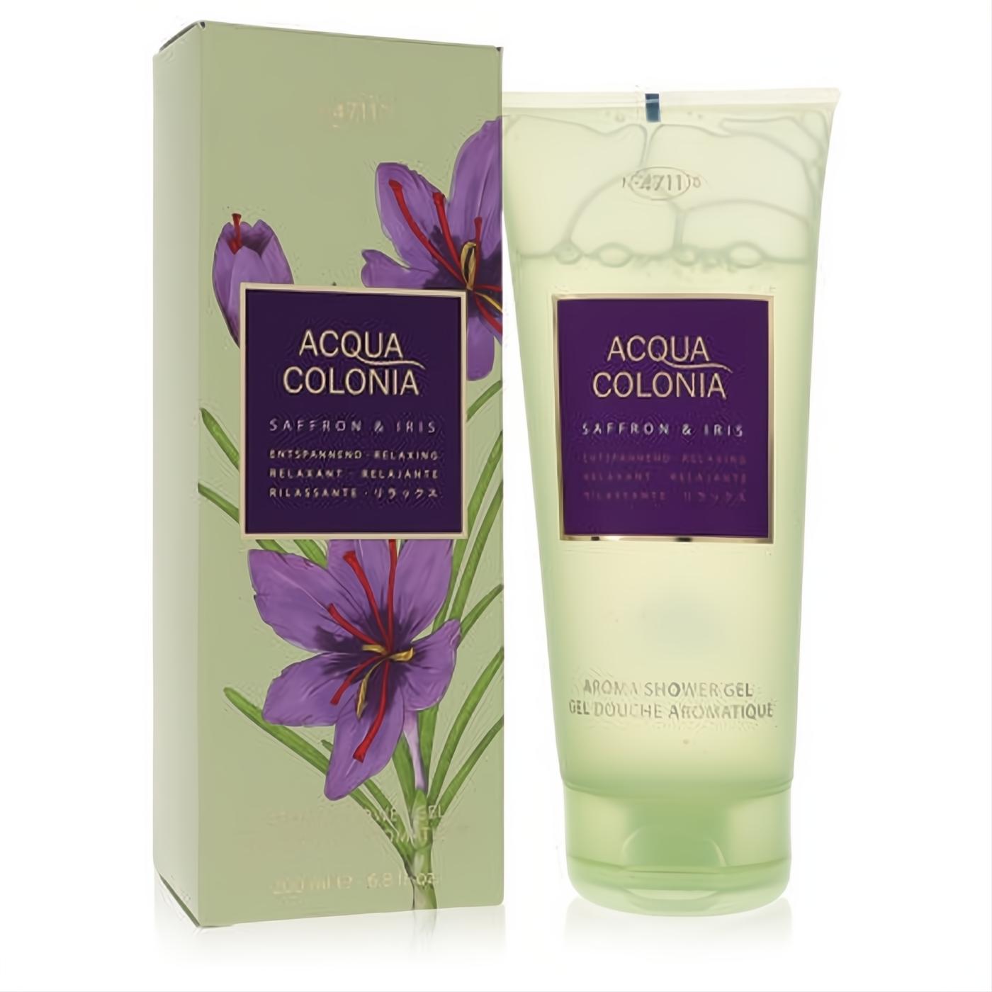 Indulge with 4711 Acqua Colonia Saffron & Iris 6.8 oz shower gel. Elegant sage green tube and box with vibrant purple floral design.