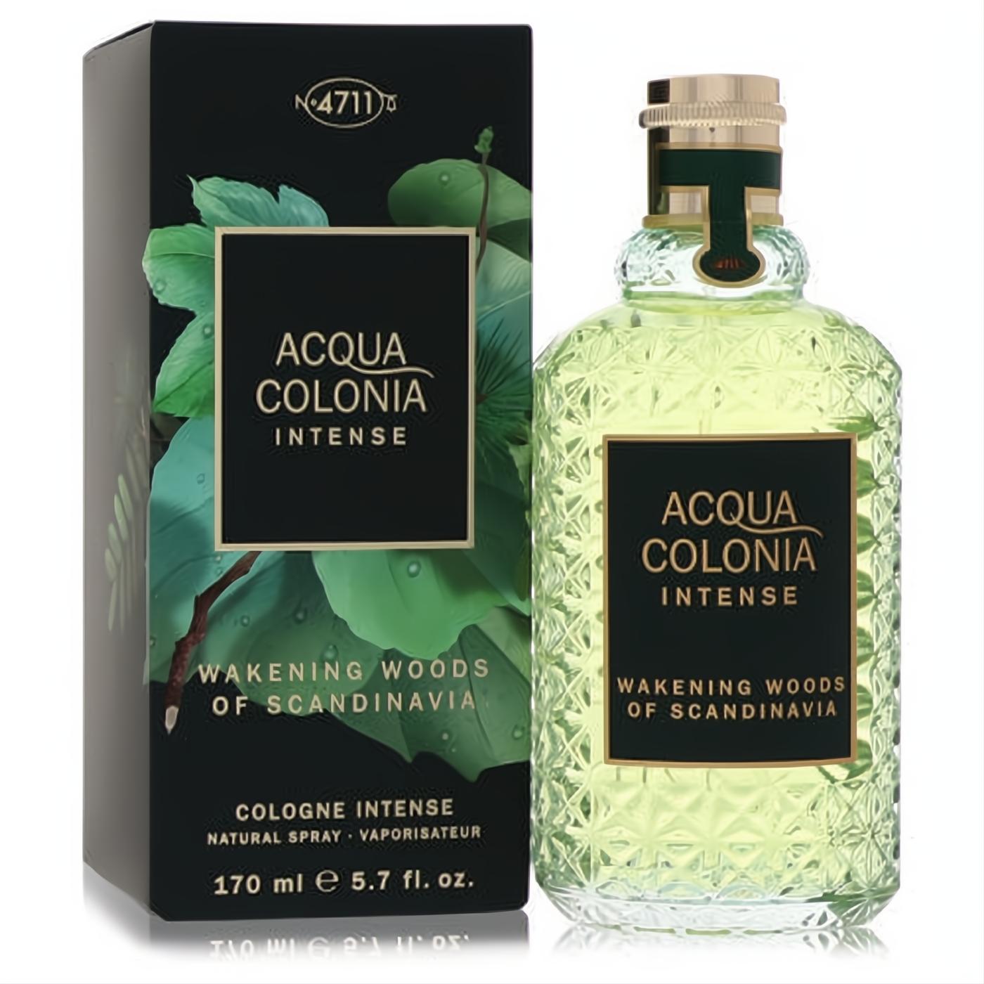 4711 Acqua Colonia Wakening Woods 5.7 oz cologne. Fresh green liquid in a textured glass bottle with gold cap and elegant black leaf box.