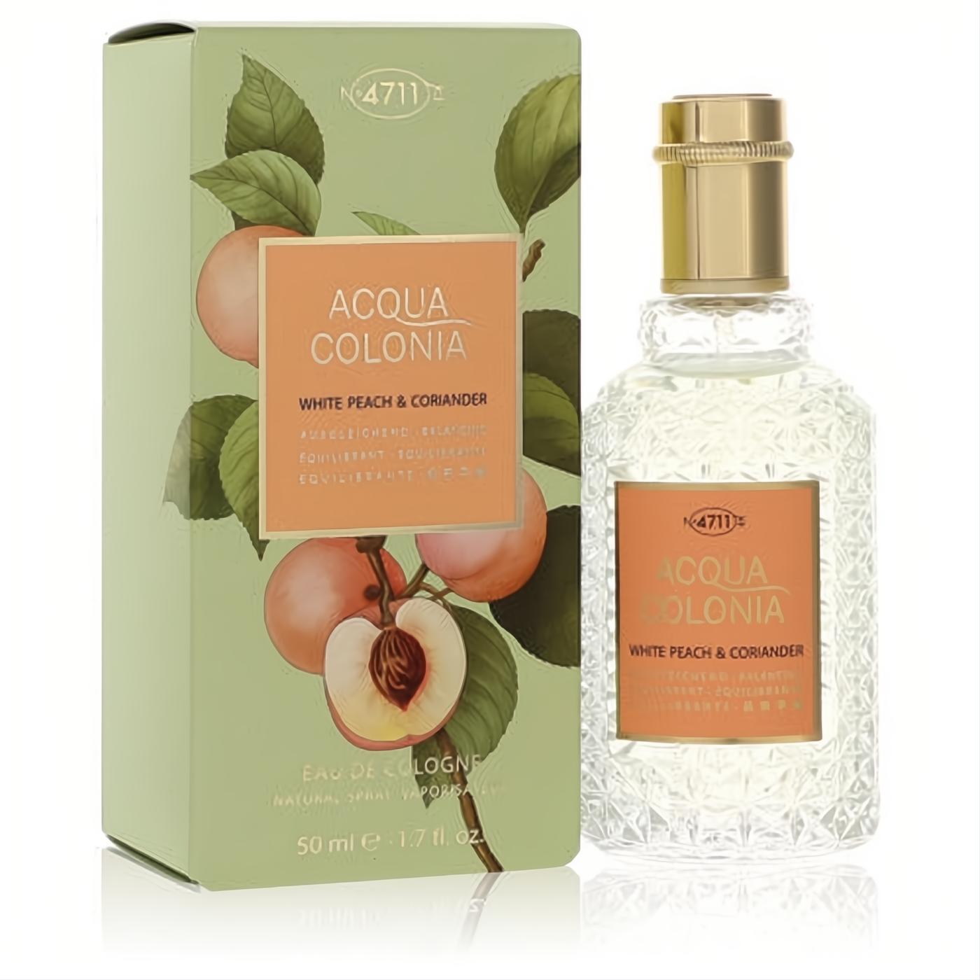 Discover 4711 Acqua Colonia White Peach & Coriander 1.7oz unisex cologne. Elegant textured bottle, gold cap, and vibrant peach-illustrated green box.