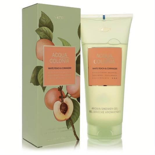 4711 Acqua Colonia White Peach & Coriander 6.8 oz shower gel in a light green tube with matching peach-illustrated box.