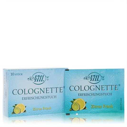 Light blue 4711 Colognette Refreshing Lemon wipes. Box of 10 and single packet with vibrant citrus design for instant freshness.