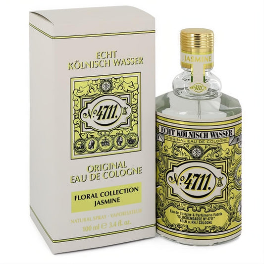 4711 Floral Collection Jasmine 3.4 oz cologne spray. Elegant clear bottle, gold cap, ornate yellow label, and cream box. Fresh unisex fragrance.