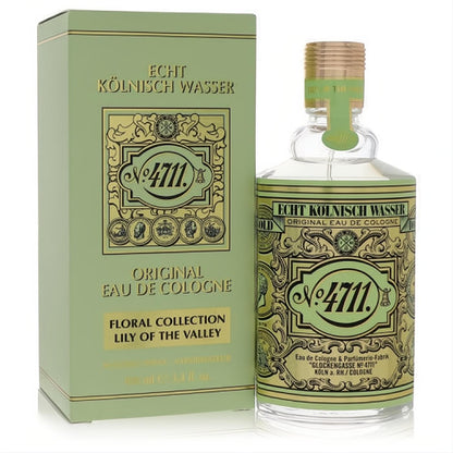 Unisex 4711 Floral Lily of the Valley 3.4 oz Eau De Cologne. Elegant clear glass bottle with ornate green label & matching box.