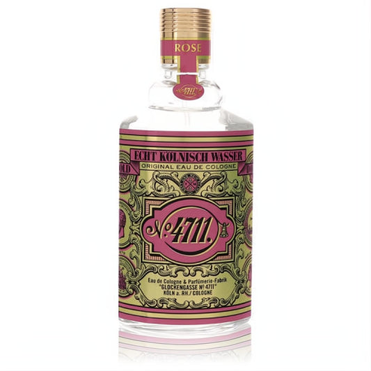 Captivating 4711 Rose Eau de Cologne in a clear glass bottle, featuring a luxurious gold and pink ornate vintage label and gold cap.