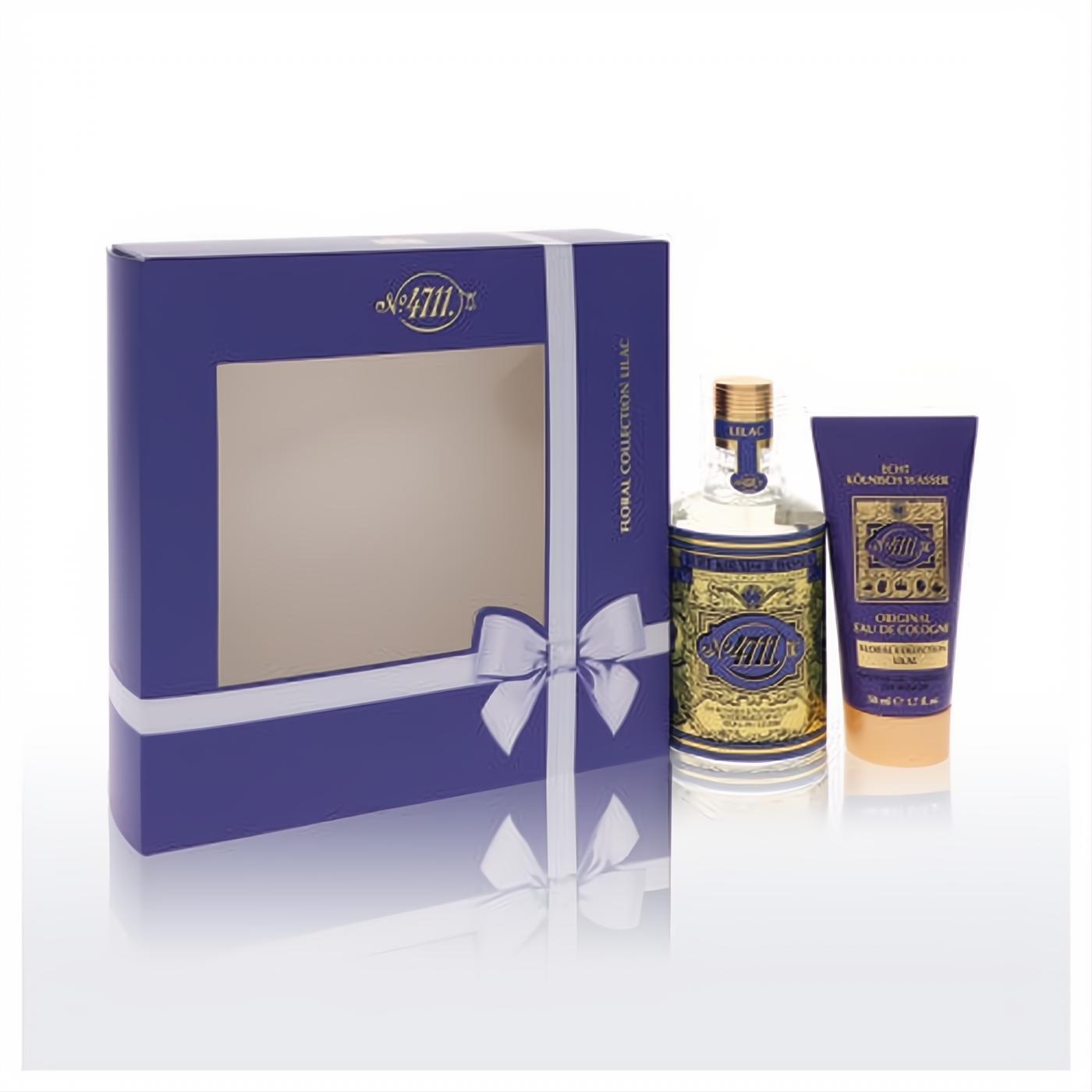 Exquisite 4711 Lilac gift set: purple box with white bow, classic gold-labeled cologne spray, and coordinating shower gel.