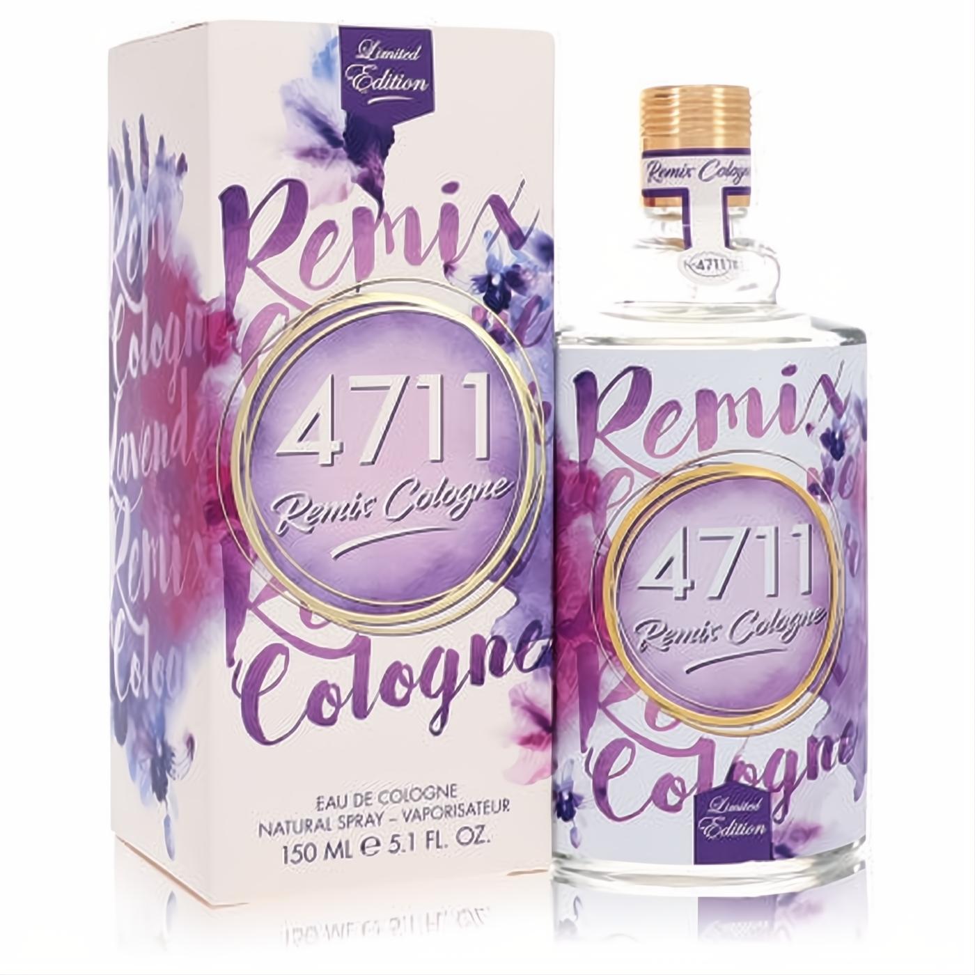Unisex 4711 Remix Lavender 5.1 oz Limited Edition cologne spray in a vibrant purple floral bottle with a gold cap, beside its matching box.