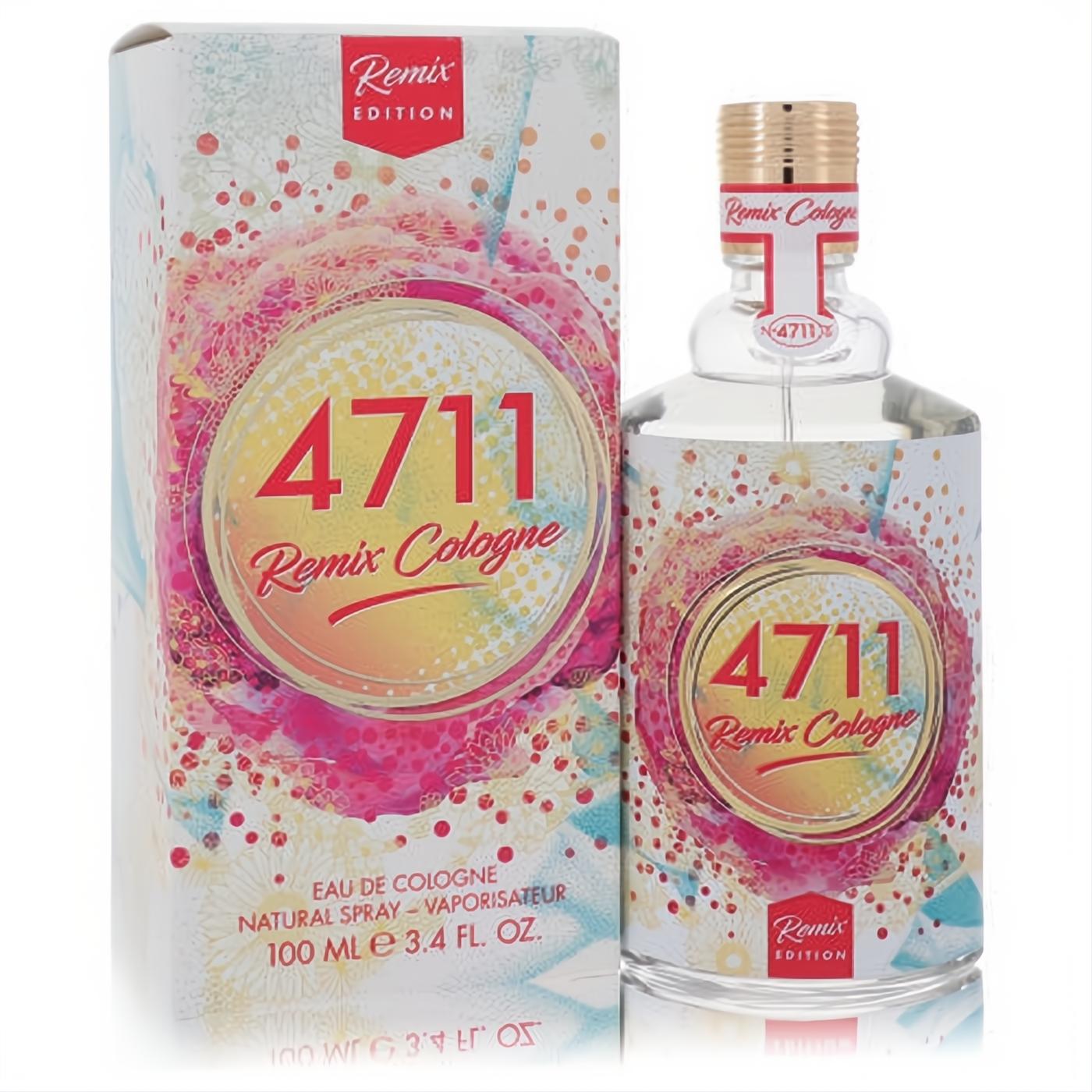 Elevate your scent with 4711 Remix Neroli unisex Eau De Cologne spray, 3.4 oz. Clear bottle, gold cap, and vibrant pink/gold abstract design.