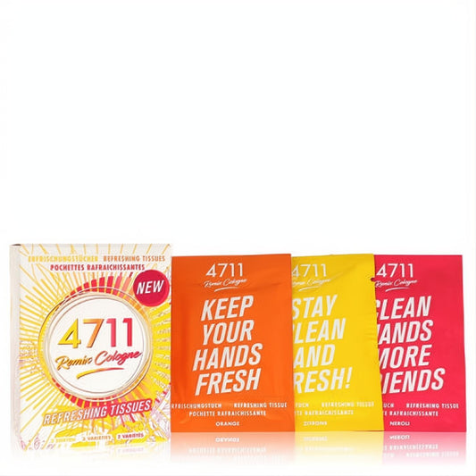 Vibrant 4711 Remix Cologne Refreshing Tissues box with orange, lemon, and neroli scented packets for instant freshness.