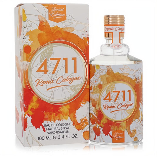 Limited Edition 4711 Remix 3.4 oz unisex cologne. Clear bottle, vibrant orange leaf design, elegant gold cap.