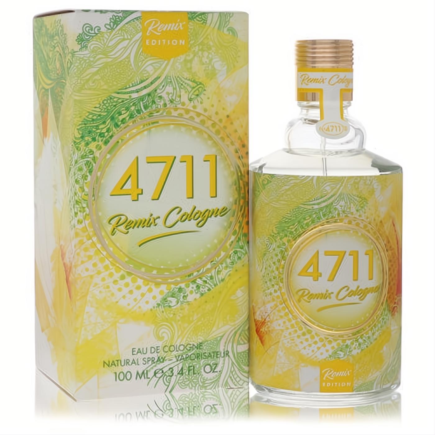 Experience 4711 Remix! A 3.4 oz unisex cologne in a vibrant yellow-green bottle with gold cap, showcasing fresh citrus and herbal design.