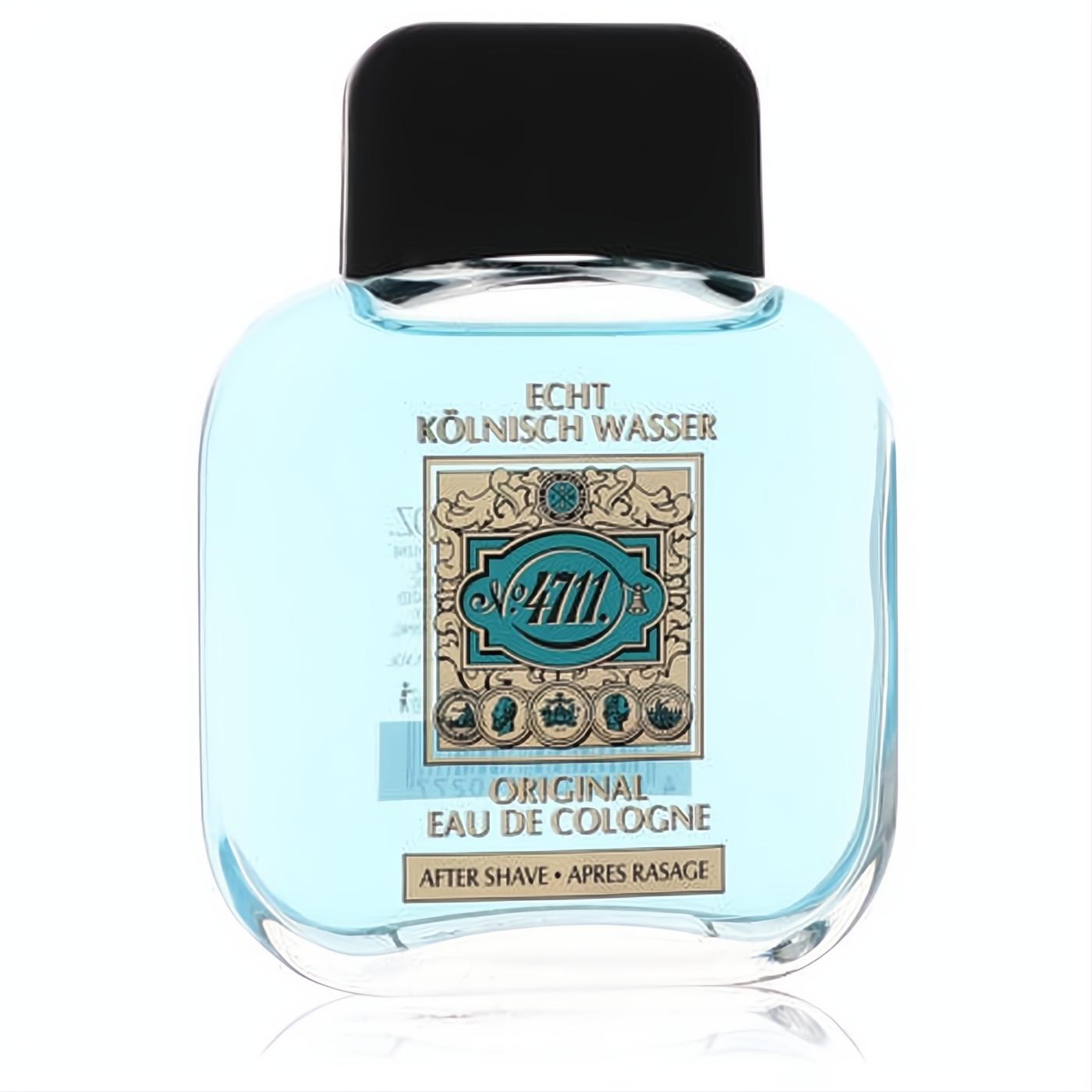 4711 After Shave: iconic light blue cologne in a clear glass bottle, featuring an ornate gold and teal label with a sleek black cap.