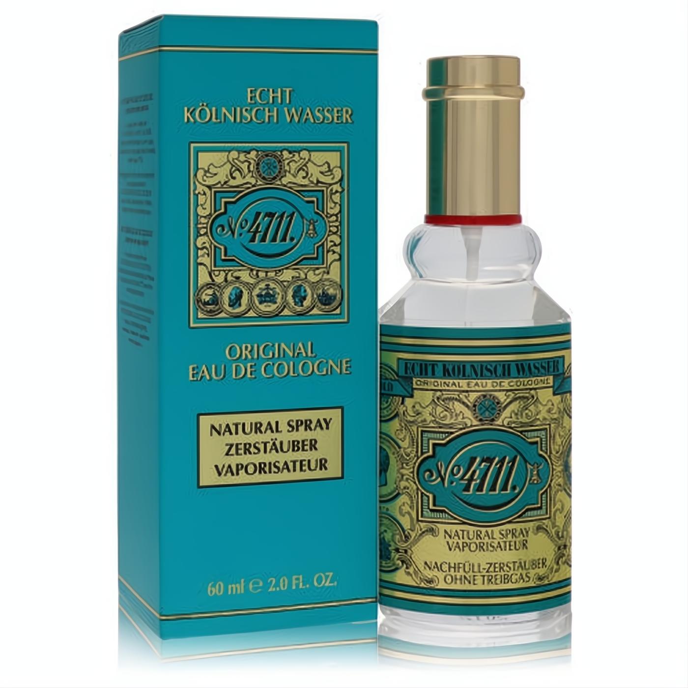 Iconic 4711 Unisex Cologne Spray, 2 oz. Clear glass bottle with a gold cap, presented alongside its elegant teal and gold box.