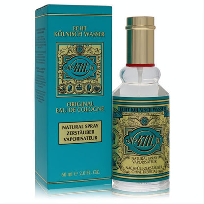 Iconic 4711 Unisex Cologne Spray, 2 oz. Clear glass bottle with a gold cap, presented alongside its elegant teal and gold box.