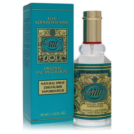 Iconic 4711 Unisex Cologne Spray, 2 oz. Clear glass bottle with a gold cap, presented alongside its elegant teal and gold box.