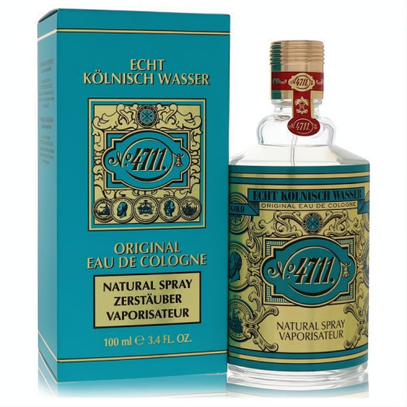Iconic 4711 Unisex Eau De Cologne spray, 3.4 oz. Clear glass bottle with ornate teal and gold label, paired with a matching elegant box.