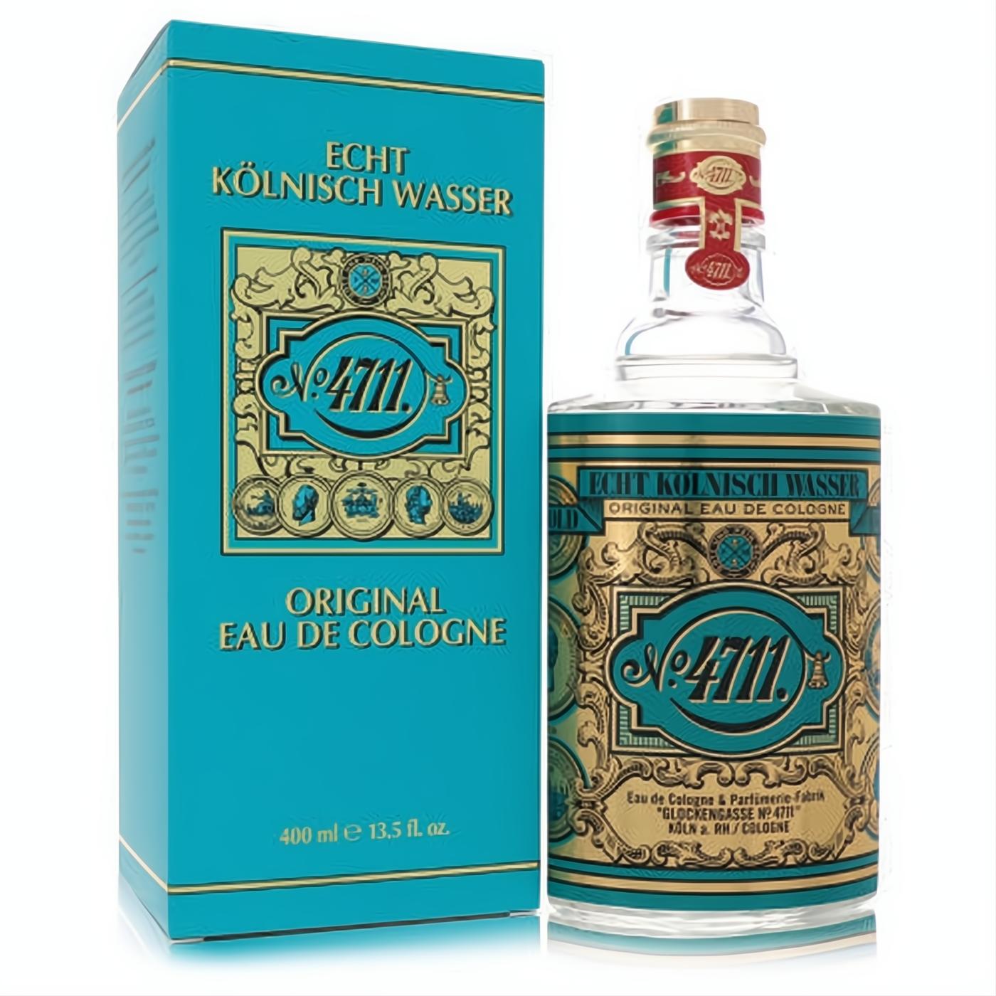 Iconic 4711 Unisex Eau De Cologne, 13.5 oz. Ornate clear glass bottle with gold label and matching turquoise box.